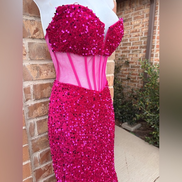 Alyce Paris Fuchsia Plush Sequins Strapless Sheer Top Dress size 00 - Picture 8 of 15